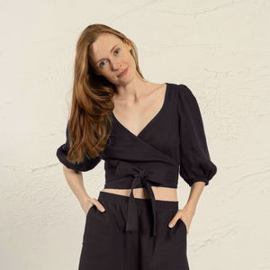 Linen Puff Sleeve Wrap Crop Top Jenny Pure White