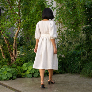 Linen Puff Sleeve Wrap Dress in Cobalt