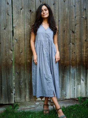 Olivia Dress Slate Blue Dots - Pre-order