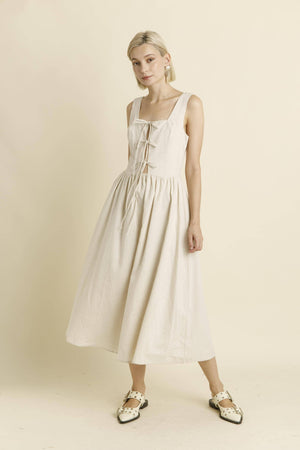 AD1187 - LINEN MIDI DRESS WITH TIES