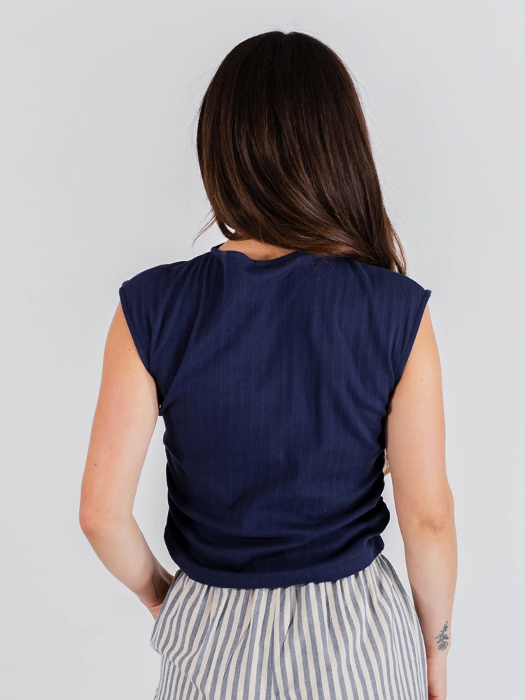 Ruched Navy Ribbed Knit Top (Preorder)