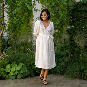 Linen Puff Sleeve Wrap Dress in Cobalt