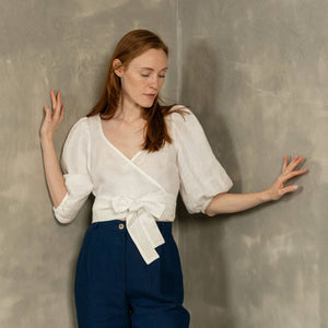 Linen Puff Sleeve Wrap Crop Top Jenny Pure White