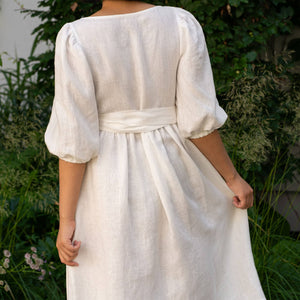 Linen Puff Sleeve Wrap Dress in Cobalt