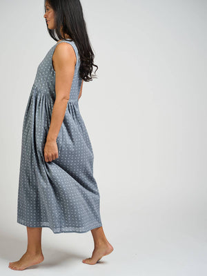 Olivia Dress Slate Blue Dots - Pre-order